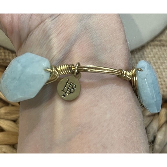 BOURBON & BOWETIES Gold Tone Bracelet Bangle Aquamarine Boho Hippie Gypsy - Picture 4 of 7